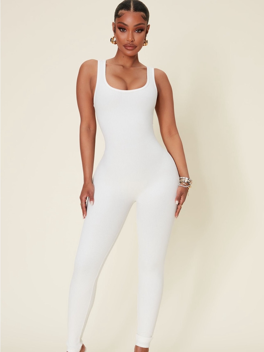 Fashion Nova White Ribbed Scoop Jumpsuit